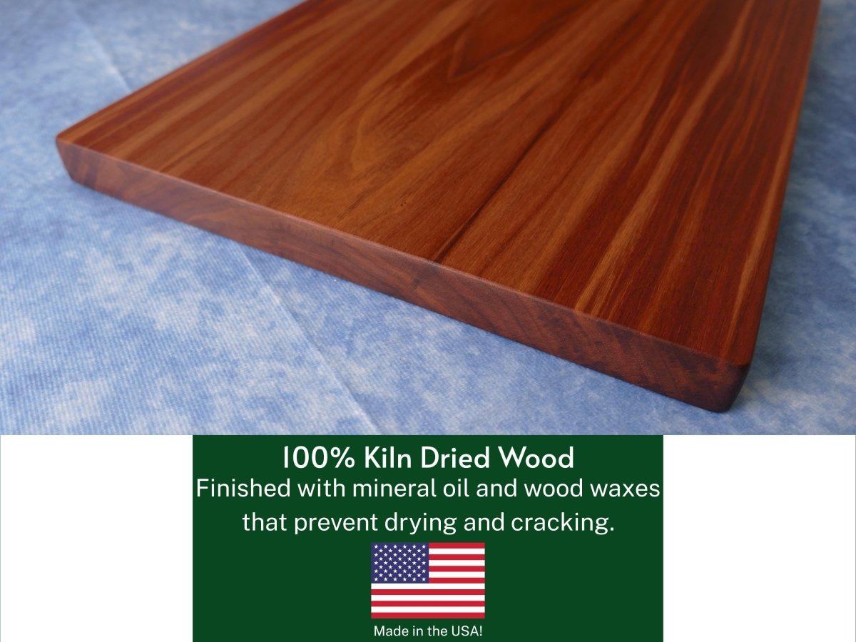black walnut cutting board on a blue background