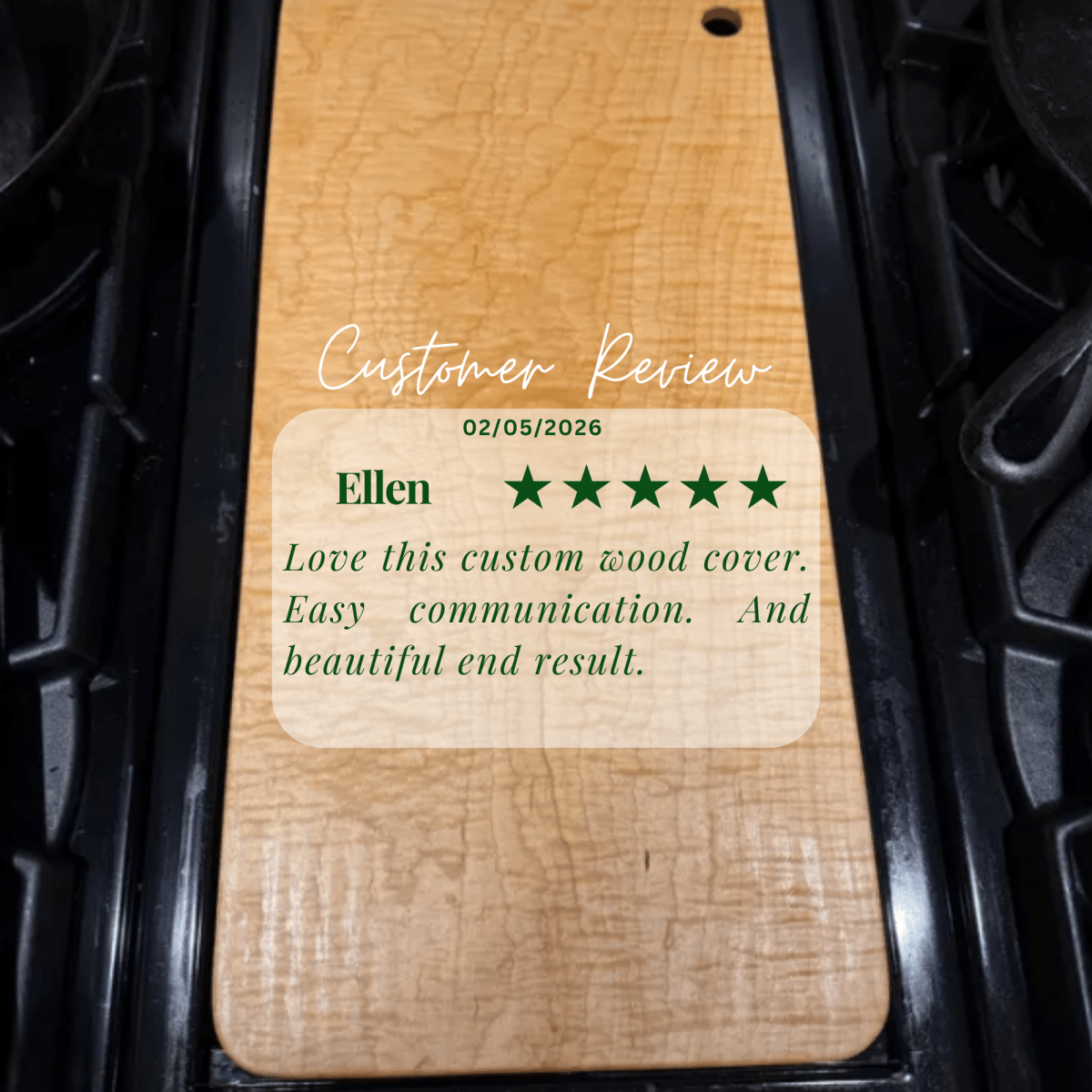 Review for curly maple cutting board on stove top.