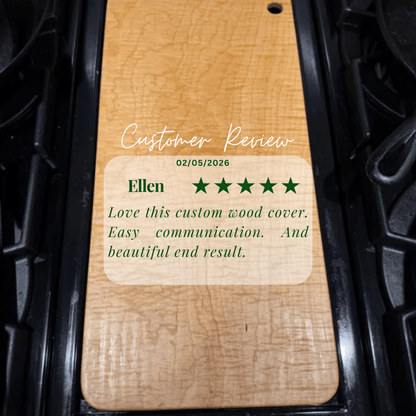 Review for curly maple cutting board on stove top.