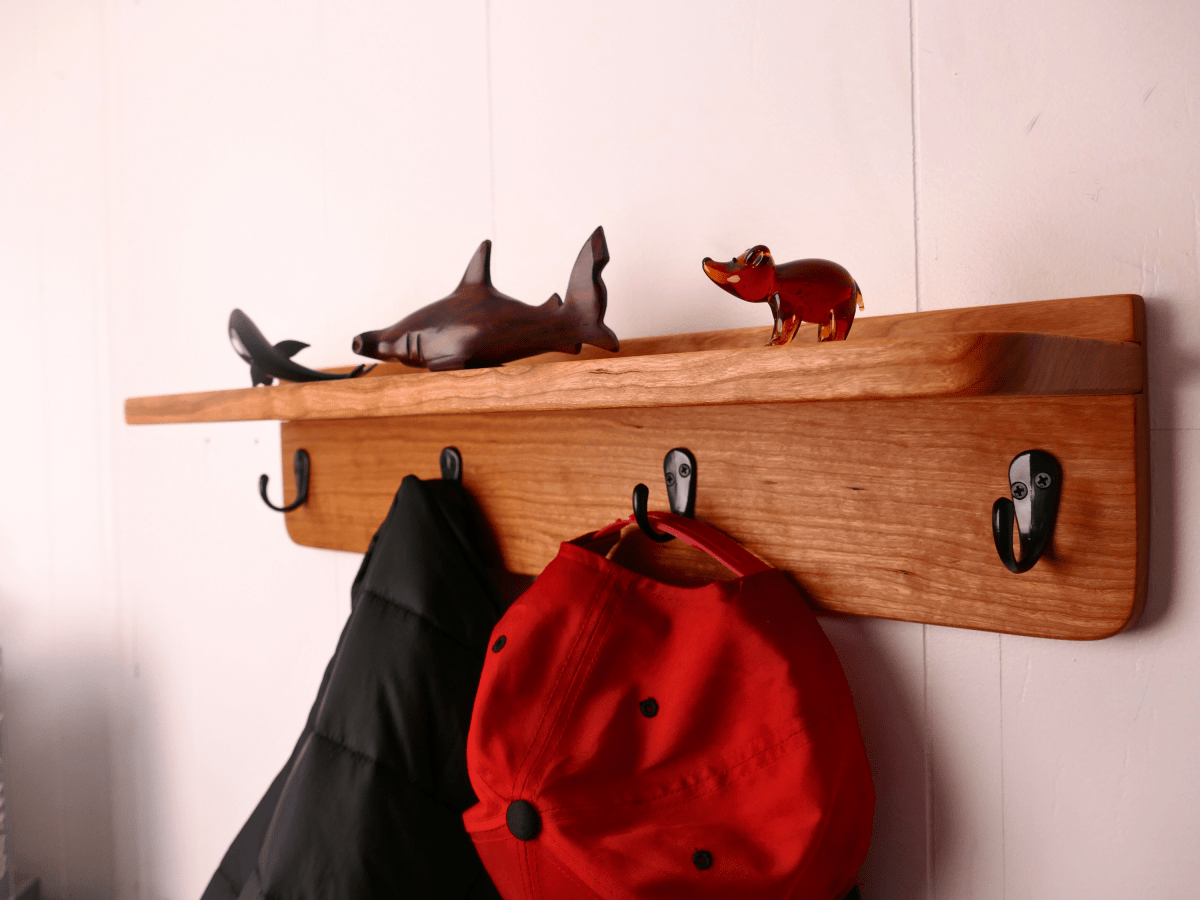 Premium Curly Cherry Coat Rack with Shelf - Woodwork & Design by AJ