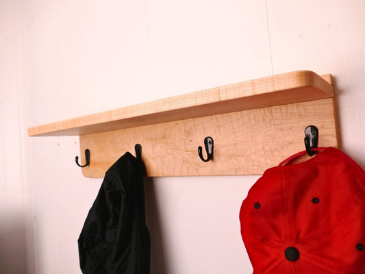 Handmade Premium Curly Maple Coat Rack with Shelf