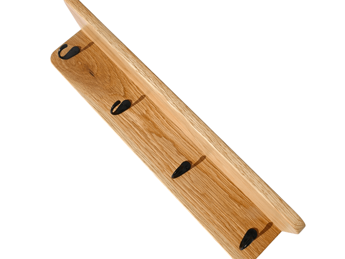 White Oak Coat Rack with Shelf and black coat hooks