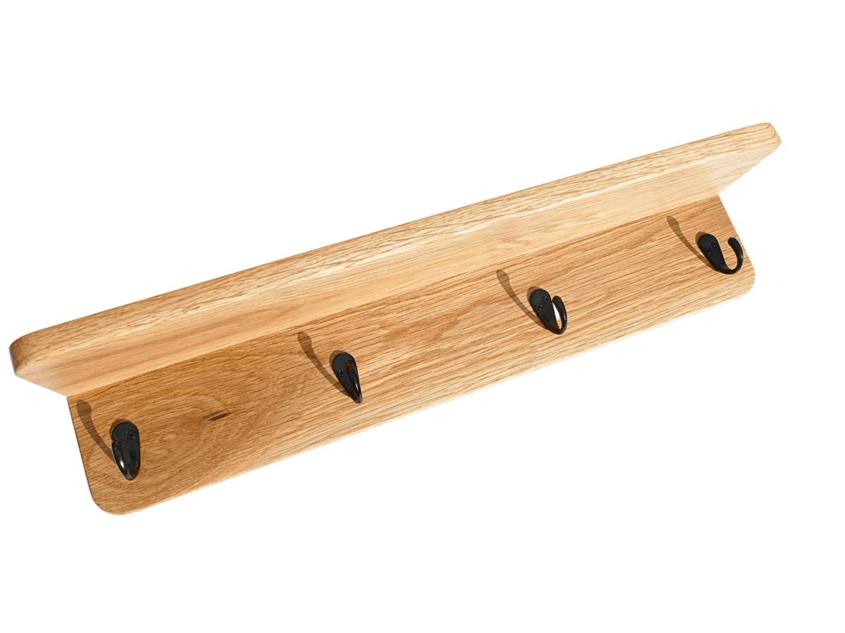 White Oak Coat Rack with Shelf and black coat hooks