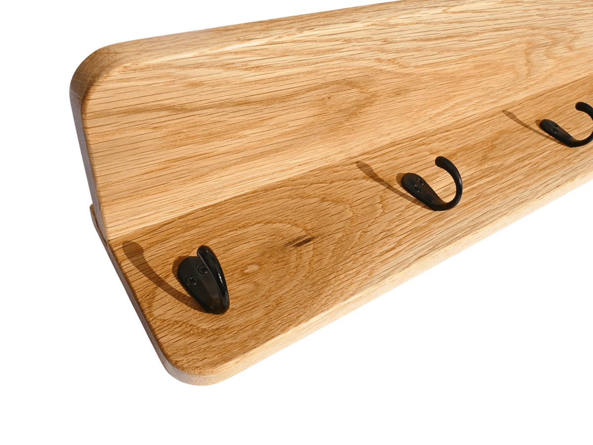 White Oak Coat Rack with Shelf and black coat hooks