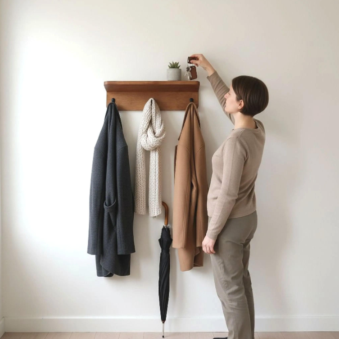 Mahogany coat rack with shelf on the wall with person setting keys on it