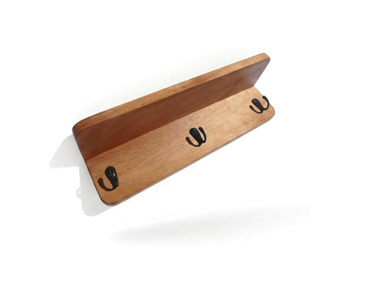 Mahogany coat rack with shelf with white background