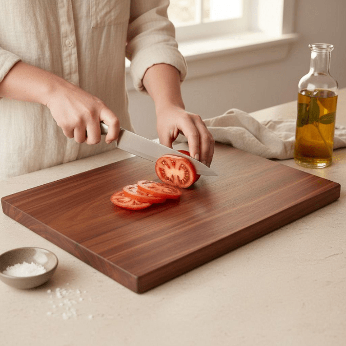 Man Cutting Tomato on Walnut Cutting Board