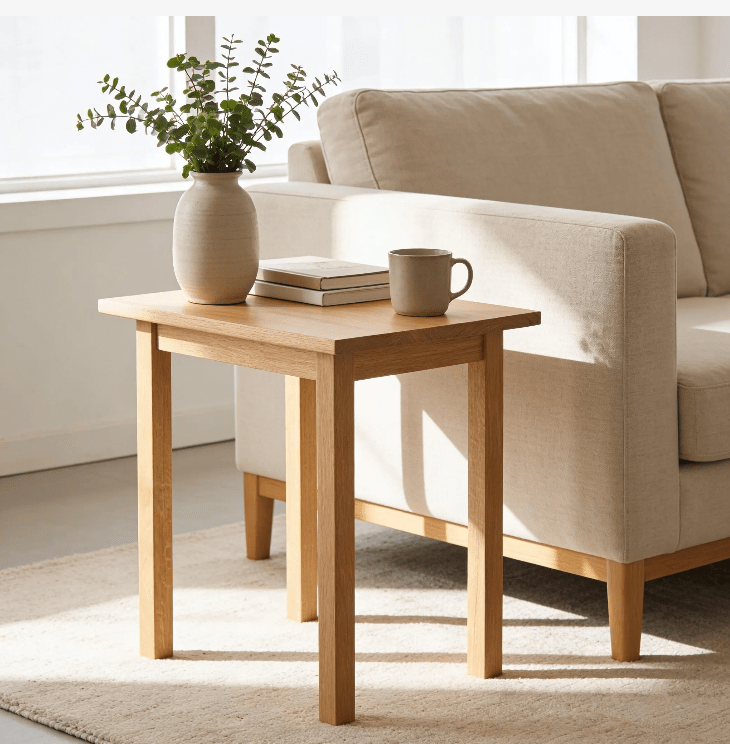 Modern White Oak End Table next to couch in living room