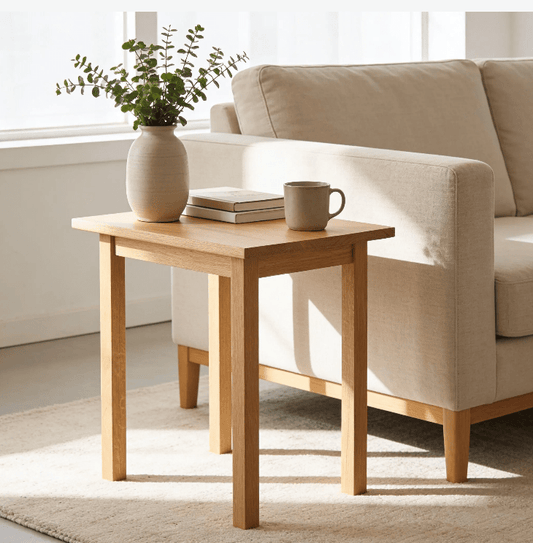 Modern White Oak End Table next to couch in living room