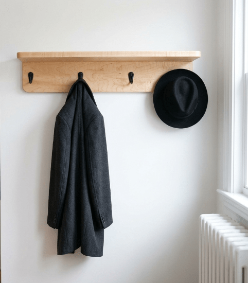 Handmade Premium Curly Maple Wall Coat Rack with Shelf