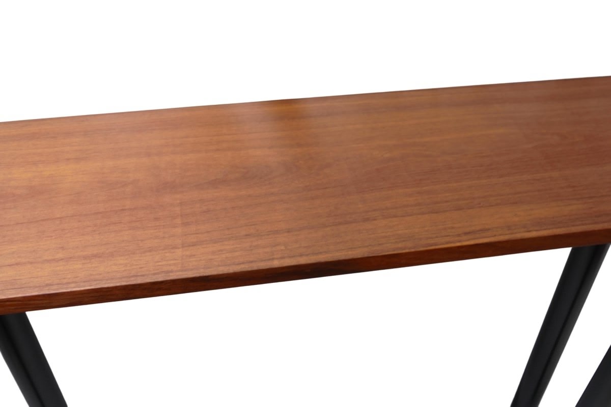 a mayan walnut wooden table with metal legs on a white background