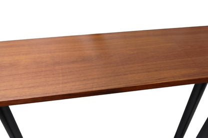 a mayan walnut wooden table with metal legs on a white background