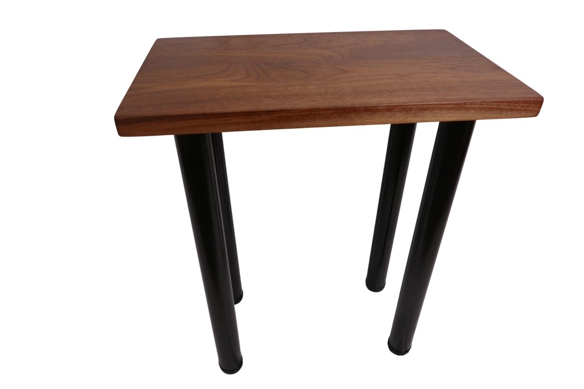 a black walnut table with round black metal legs on a white background