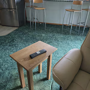White Oak End Table Next to Couch in Living Room